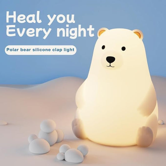 DNBFLLK Polar Bear Silicone Night Light for Kids Nursery Bedroom - Tap Control, 3 Adjustable Brightness, USB Rechargeable, Child-Safe Soft Glow LED Lamp, Baby Gift Idea