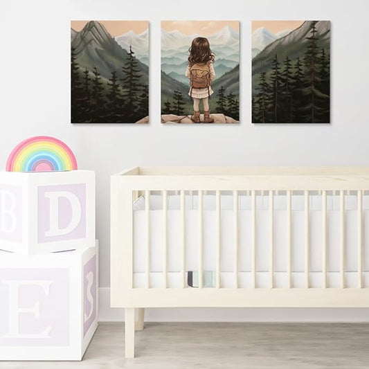 Baby Girl Adventure Nursery Decor, Adventure Nursery Wall Art, Watercolor Mountain Landscape, Woodland Decor for Kids Room, Baby Girl Set of 3 Canvas Set, Framed 12"x16"
