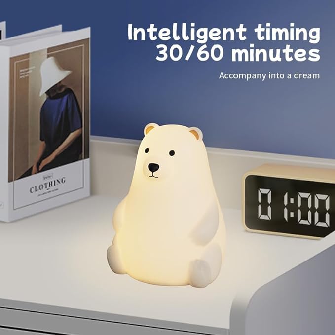 DNBFLLK Polar Bear Silicone Night Light for Kids Nursery Bedroom - Tap Control, 3 Adjustable Brightness, USB Rechargeable, Child-Safe Soft Glow LED Lamp, Baby Gift Idea