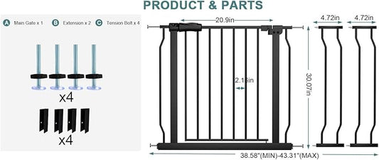 Extra Wide Baby Gate Tension Indoor Safety Gates Black Metal Large Pressure Mounted Pet Gate Walk Through Long Safety Dog Gate for The House Doorways Stairs (38.58"-43.31"/98-110CM, Black)
