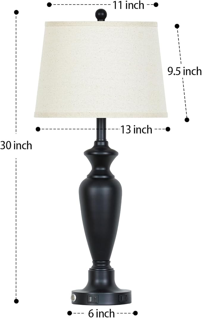 Cinyirong 30" Tall Black Table Lamp, 3-Way Dimmable Touch Control Bedside Lamp with USB A+C & AC Outlet for Bedroom, Living Room (1 Pack)
