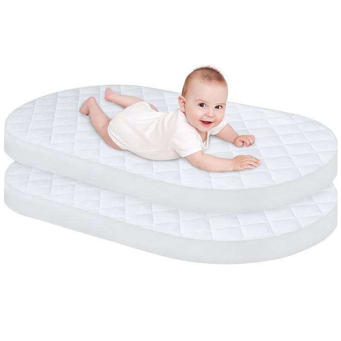 Bassinet Mattress Pad Cover Fit for Hourglass/Oval Bassinet Mattress, Waterproof Bassinet Mattress Protector Quilted Bassinet Sheets (32"x17") 2 Pack for Boys Girls, White