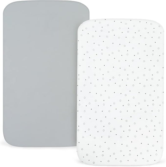 Pack and Play Sheets Fitted- Fit for Pamo Babe, Baby Trend, Graco, ADOVEL, Dream On Me and Other 25" x 36" Playard Mattress Cover, Ultra Soft & Stretchy Playpen Sheets, Grey & White Star, 2 Pack