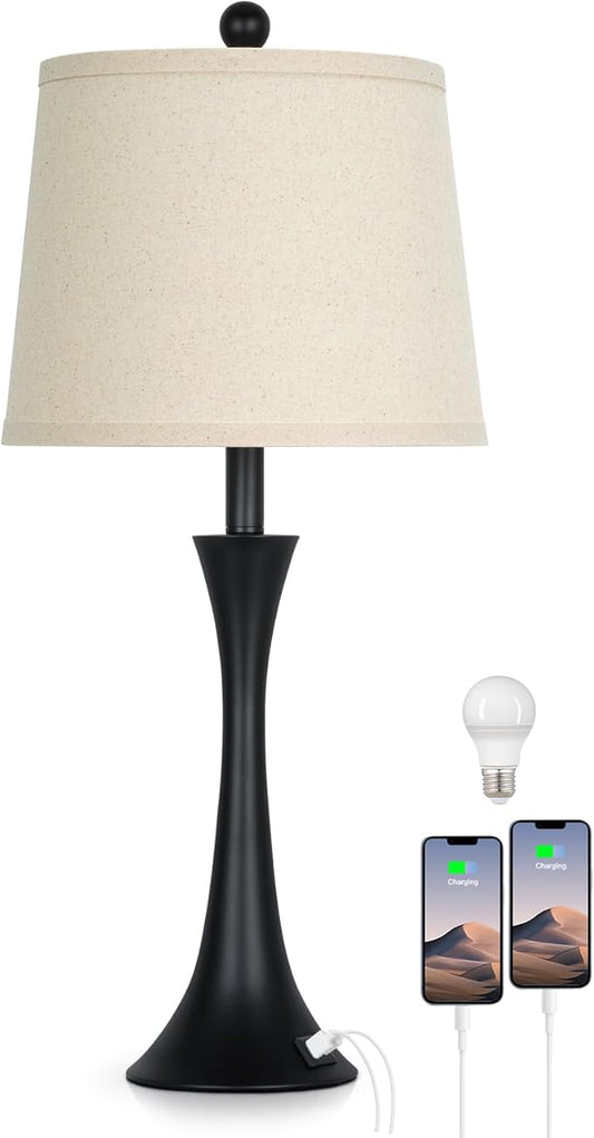 27.5" Black table Lamps for Living Room, Touch Control 3-Way Dimmable Bedside Nightstand Lamps Bedroom Lamp,Modern Black Table Lamp with USB A+C Ports,Tall Lamps for Living Room End Table(1Pack)