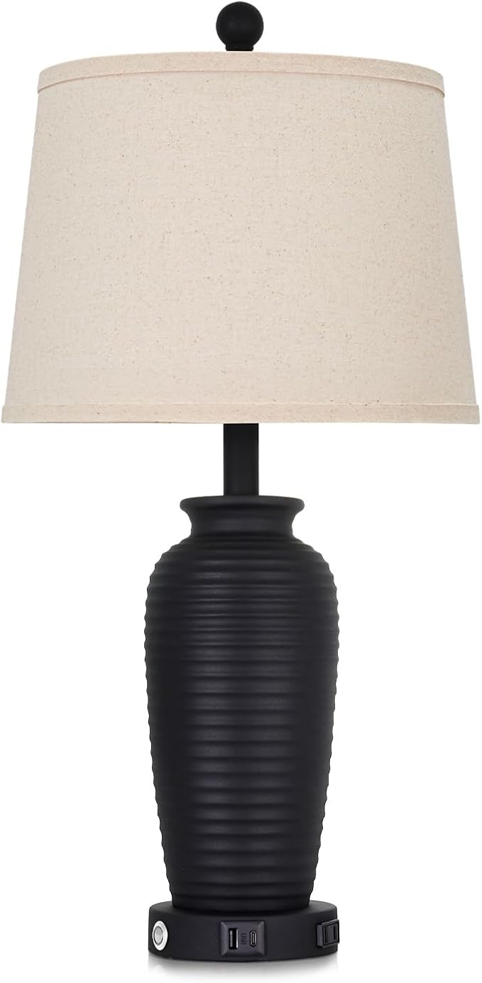 CINSARY 25" Retro Black Farmhouse Jar Table Lamps Set of 2, 3 Way Touch Control Rustic Bedside Lamps with USB A+C Ports & AC Outlet, Pot Nightstand Lamps for Bedroom Living Room (LED Bulbs Included)
