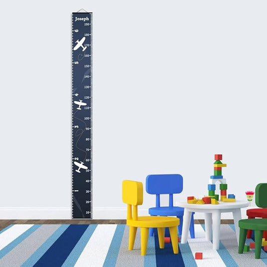 Personalized Growth Chart for Kids, Baby Height Chart with Custom Name, 77"x7.9" Canvas and Black Wood Height Measuring Rulers for Boys Girls Removable Wall Ruler Hanging for Nursery Decor - Plane