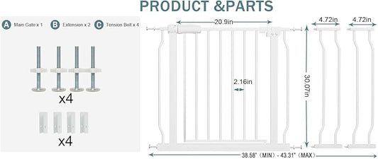 38-43 Inch Wide Baby Gate for Stairs Indoor Safety Gate for Toddlers Kids Pressure Mounted Dog Gates for The House Doorways Pet Gate Walk Through Metal Gates(White, 38.58"-43.31"/98-110CM)