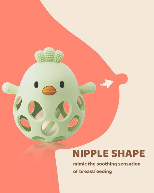 2-in-1 Baby Teething Rattle Toy, Sensory Grasping Teether for Infants 3-12 Months, 100% Food-Grade Silicone, Easy to Hold, Soothing & Developmental, BPA Free