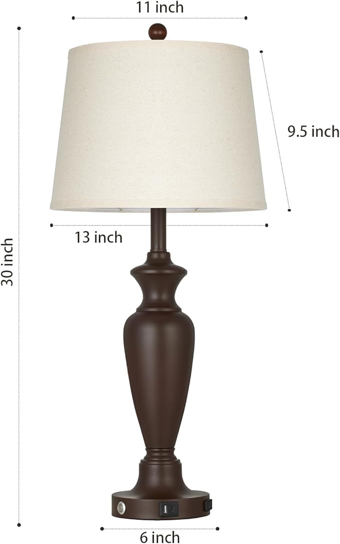 luxeflow 30" Tall Brown Table Lamps Set of 2 for Living Room, Touch Control Bedside Lamps for Bedroom Nightstand, 3-Way Dimmable Farmhouse Lamps with Charging Ports (2 LED Bulbs Included)