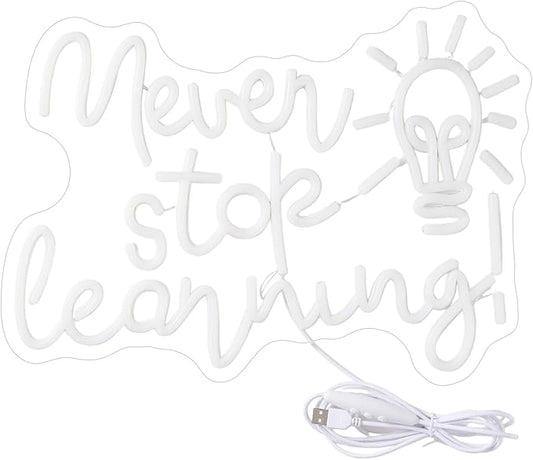 Never Stop Learning Neon Sign Letters neon signs for Wall Decor Dimmable 5V USB Powered Classroom LED Light Sign for Study Office Decoration Education Gifts.(16.5x11.8in)(Yellow, Green, Cool White)
