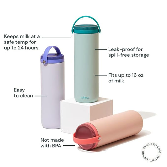 Willow - Portable Breastmilk Cooler - Keeps Breast Milk Cold for 24 Hours - Stainless Steel - Insulated - Reuseable - Breastfeeding Essentials - Storage Container w/Gel Ice Pack - Teal- 16oz