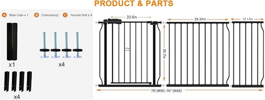 HOOEN 30" Tall Extra Wide Baby Gates 67 to 71.5 Inch Large Long Pressure Mounted Dog Gate for Doorways Stairs Child Safety Gates Tension Baby Gate Indoor Walk Through Gate for Kids or Pets