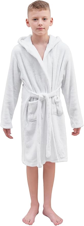 Umeyda Boys Girls Robes, Soft Fuzzy Fleece Hooded Bathrobes with Belt and Pockets for Kids, 1-18 Year