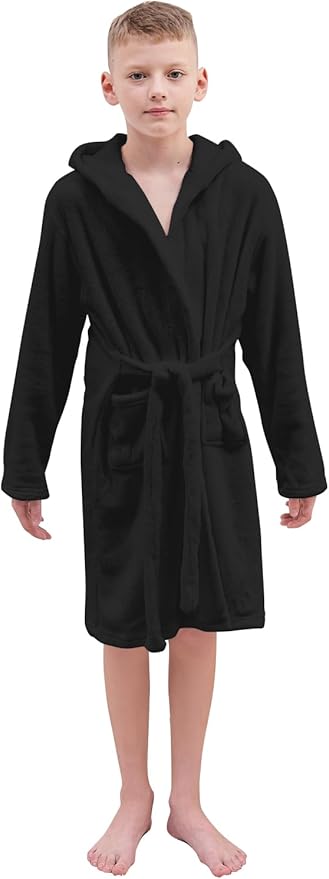 Umeyda Boys Girls Robes, Soft Fuzzy Fleece Hooded Bathrobes with Belt and Pockets for Kids, 1-18 Year
