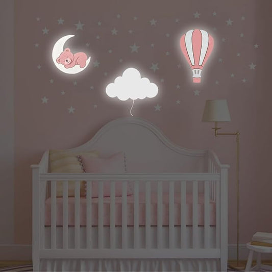 BugyBagy Nursery Wall Lamp Set – 3 Hand Painted Night Lights for Baby Room (Hot Air Balloon, Cloud, Elephant on Moon) + Bonus Wall Stickers – Soft Linen Colors Pink or Blue (Pink Theme 2)