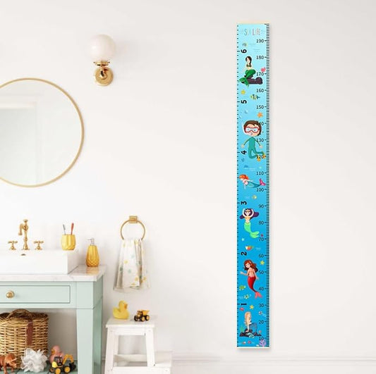 Baby Height Growth Chart - Canvas Height Chart for Kids Baby Child Toddler Boys Girls Growth Chart for Wall Room Nursery Decor Hangable and Removable Measuring Wall Ruler (Mermaid, Beige Wood)