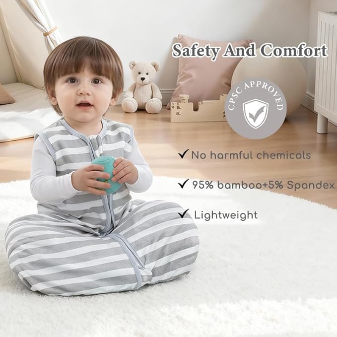 Baby Sleep Sack 0-6 Months 1.5 TOG, 2 Pack Bamboo Baby Wearable Blanket with 2-Way Zipper, Infant Toddler Sleeping Sack for Newborn Boys and Girls, Stripe