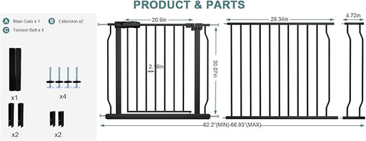 Extra Wide Baby Gate Tension Indoor Safety Gates Black Metal Large Pressure Mounted Pet Gate Walk Through Long Safety Dog Gate for The House Doorways Stairs (62.2"-66.93"/158-170CM, Black)