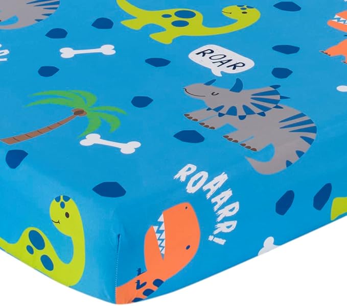 EVERYDAY KIDS 4 Piece Toddler Bedding Set – Roaring Dinosaurs - Includes Comforter, Flat Sheet, Fitted Sheet and Reversible Pillowcase – Boys Toddler Bedding