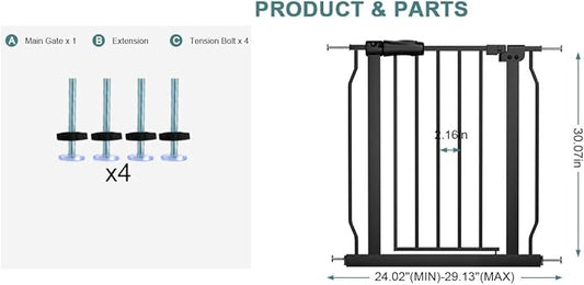 Narrow Walk Through Baby Gate 24.02-29.13 Inch Wide Auto Close Tension Black Metal Child Pet Indoor Safety Gates Pressure Mounted for Stairs& Doorways (24.02"-29.13"/61-74CM, Black)