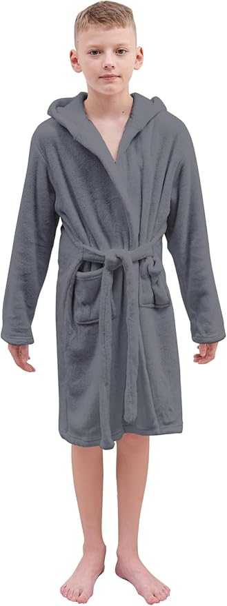 Umeyda Boys Girls Robes, Soft Fuzzy Fleece Hooded Bathrobes with Belt and Pockets for Kids, 1-18 Year