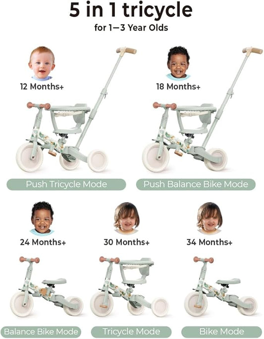 newyoo Lume TR008 Tricycle for Toddlers 1-3, 5-in-1 Push Bike with Parent Handle & Safety Guard, Convertible Balance Bike, Ideal Gift for 1-3 Year Olds, Moss