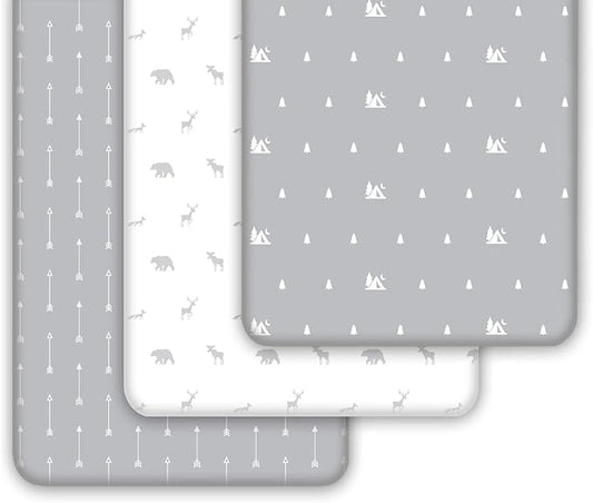 GROW WILD Pack n Play, Mini Crib Sheets 3-Pack | Soft Jersey Sheet Set for Boys or Girls | Playard Mattress, Pack and Play Sheets Fitted | Portable Bassinet Sheet - Woodland Nursery Decor