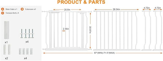 HOOEN Extra Wide Baby Gates 67-71.5 Inch Child Safety Gates for Stairs Doorways Hallway Indoor Pressure Mounted Walk Through Gate for Kids or Pets