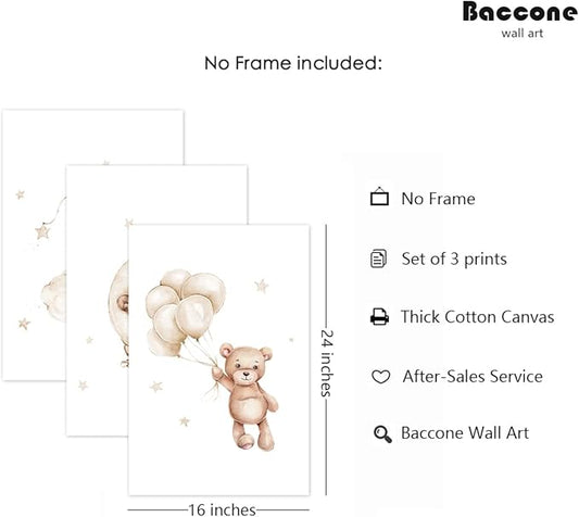 Baccone Bear Nursery Wall Art Decor Set of 3 Teddy Bear Canvas Wall Art Baby Boy Nursery Decor Prints Neutral Pictures Moon Star Cloud Print for Girls Children Room 16x24 Inch Unframed
