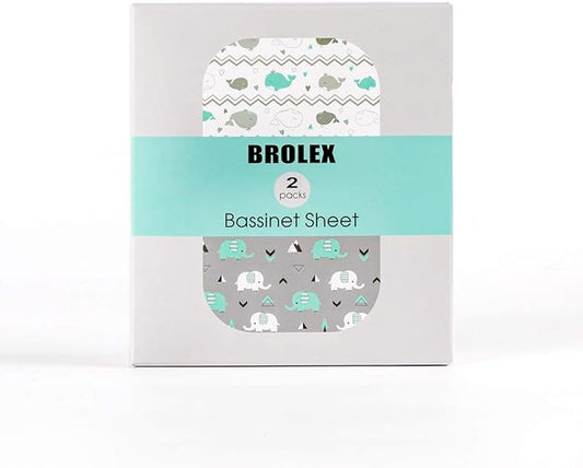 Stretch Fitted Bassinet Sheet Set BROLEX 2 Pack Cradle Sheets for Bassinet Pad/Mattress,Unisex Boys Girls,Ultra Soft,Elephant Whale