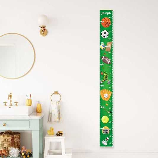 Personalized Growth Chart for Kids, Baby Height Chart with Custom Name, 77"x7.9" Canvas and Beige Wood Height Measuring Rulers for Boys Girls Removable Wall Ruler Hanging for Nursery Decor - Sports