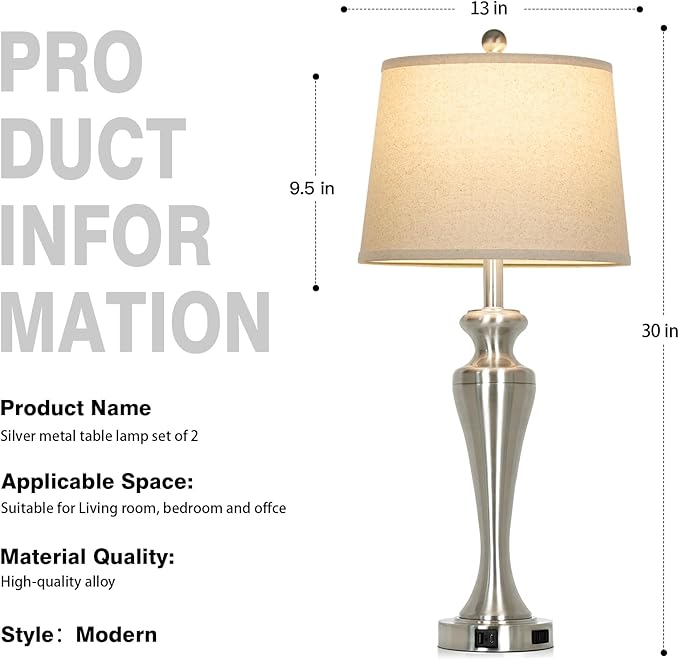 LUXEFLOW 30" Silver Table Lamps Set of 2, 3-Way Dimmable Touch Living Room Lamp with USB A+C Ports and AC Outlet, Modern Brushed Nickel Bedroom Lamps, Tall Metal Bedside Lamp for Nightstand Side Table