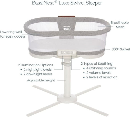 HALO BassiNest Luxe Swivel Sleeper - Over-Bed Baby Bassinet with 360° Rotation, Vibrations, White Noise, and Safe Close-Sleeping Design, Dove Grey Tweed