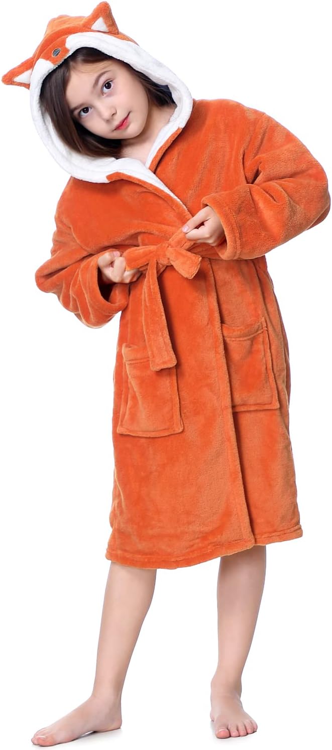 Hooded Herringbone Girl's Fleece Soft Spa Kimono Long Robe,Kids Comfy Sleepwear Bathrobe
