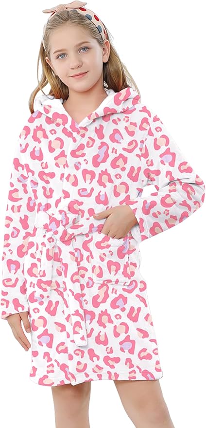 Umeyda Girls & Women Fleece Hooded Robes, Soft Fuzzy Bathrobe Warm Plush Fluffy Bath Robe for Kids Womens