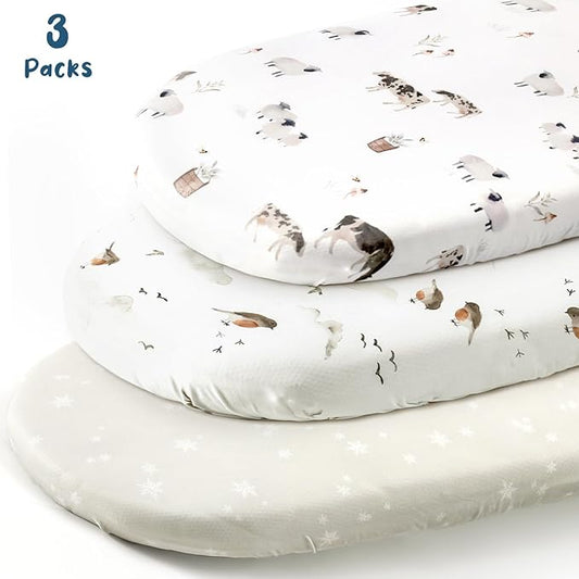 Stretchy Ultra Soft Fitted Bassinet Sheet Set 3 Pack, Universal Fit for Bassinets Baby Cradle Moses Basket Oval Rectangle Mattress Safe and Snug, Cute Watercolor Cows and Birds Print