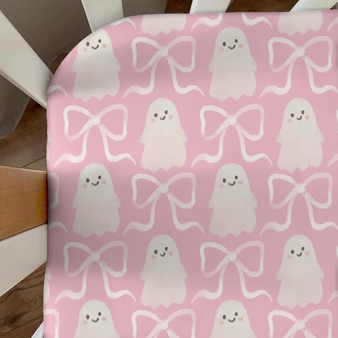 Halloween Spooky Pink Bows Baby Crib Sheets Cute Pastel Bows Soft Crib Sheet Spooky Season Fitted Crib Mattress Cover for Standard Crib and Toddler Mattresses 52"x28"