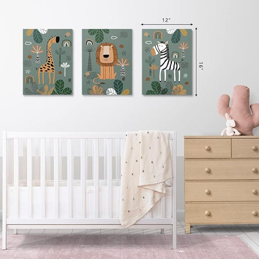 SKYSUKEY Boho Safari Nursery Prints Neutral Wall Art, Framed Green Canvas Prints, Safari Baby Animals Wall Art Set of 3, Framed, Boys Girls Kids Room Wall Decor, 12"x16"