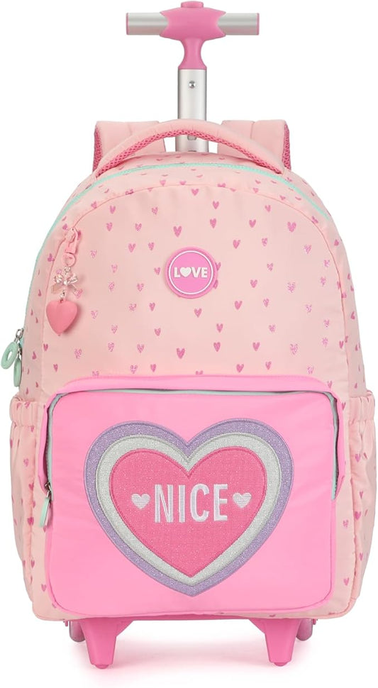 kingdisen Wheels Rolling Kids Backpack for Elementary Luggage School Trolley Bag with Lunch Box 3pc Set (HEART PINK)