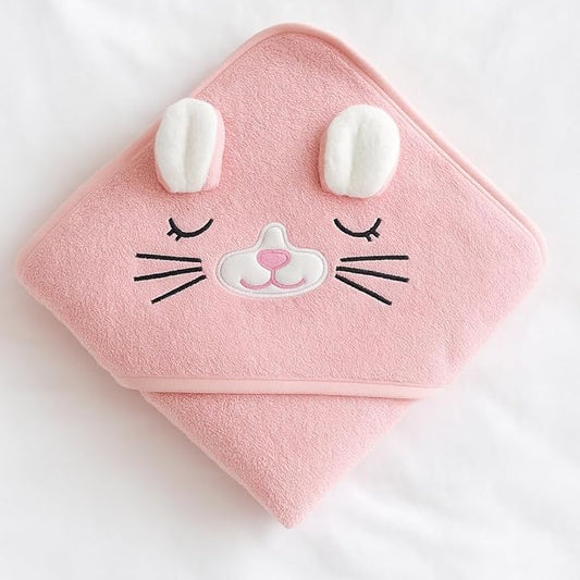 My Tiny Nugget Pink Hooded Baby Bath Towel for Girls – Soft & Absorbent | Cute Animal Hood | Plush Newborn Infant & Toddler Bath Wrap | Perfect (Pink)