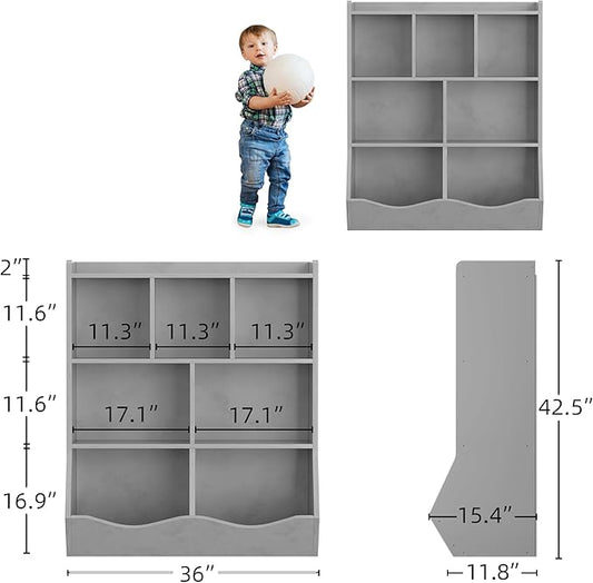 GarveeHome Grey Toy Storage Cabinet, Three-Tier Kids Bookshelf and Bookcase for Storage Books and Toys, Multi Shelf with Cubby Organizer for Bedroom and Playroom