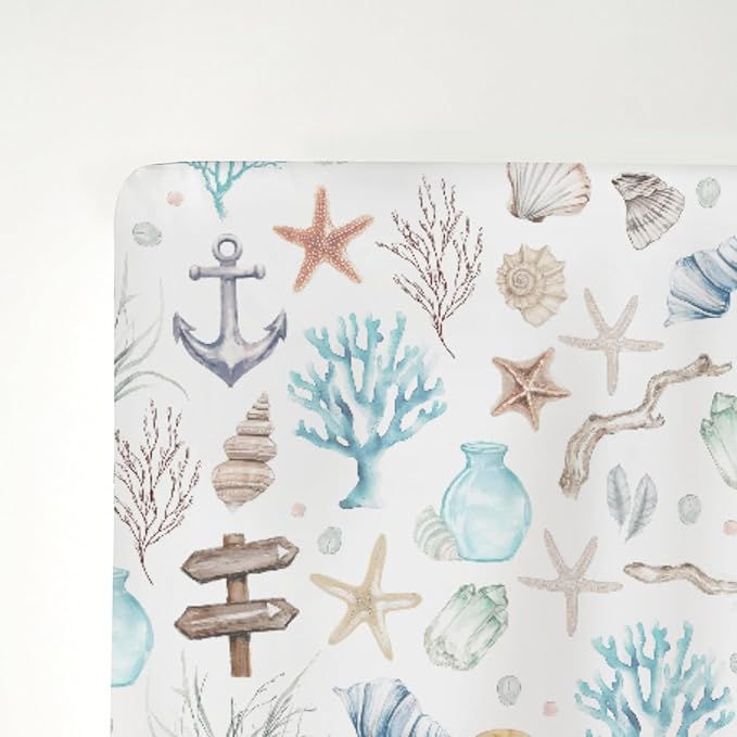 Ocean Boho Summer Baby Crib Sheets for Boy Girl 52"x28" Seashells Conch Starfish Corals Anchors Soft Stretchy Fitted Crib Mattress Cover Nautical Life Baby Sheet for Standard Crib & Toddler Mattress
