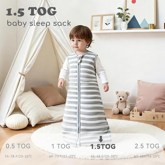 Baby Sleep Sack 18-24 Months 1.5 TOG, 2 Pack Bamboo Baby Wearable Blanket with 2-Way Zipper, Infant Toddler Sleeping Sack for Newborn Boys and Girls, Animals & Stripe