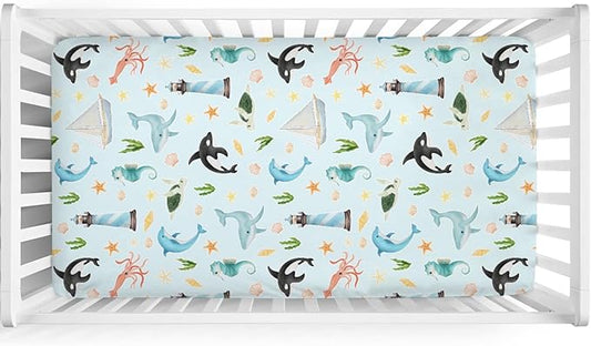 Colorful Sea Animals Baby Crib Sheet 52''x28'' Ocean Whale Dolphin Turtle Shells Coral Lighthouse Ship Stretchy Fitted Crib Mattress Cover for Boy Girl Baby Sheets for Standard Crib Toddler Mattress