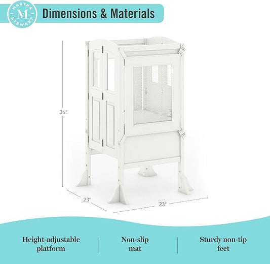 Martha Stewart Kitchen Helper Toddler Tower by Guidecraft - Linen White | Foldable Wooden Learning Toddler Standing Tower & Adjustable Step Stool | Montessori Kids Counter Height Kitchen Stool