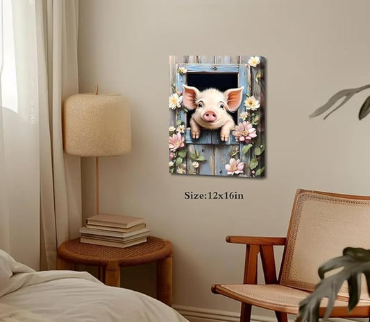 LNLAGBO Farm Animals Canvas Wall Art,Funny Pig Canvas Wall Art Print,Rustic Farmhouse Piggy Looking Over Wooden Fence Picture Prints for Bathroom Bedroom Living Room Decor-12 x16