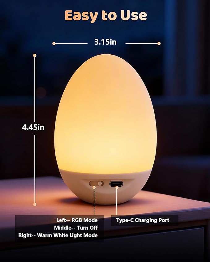 NICKLUC Egg Night Light for Nursery: Baby Night Lights Tap Lamp Stepless Dimming with Warm White and 7 RGB Colors Rechargeable Portable for Infant and Kids Bedroom Breastfeeding Sleep Aid