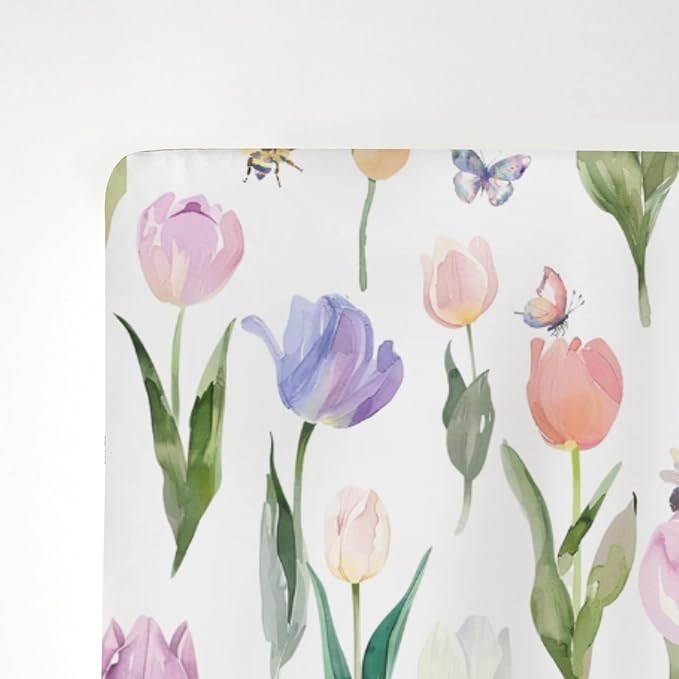 Watercolor Tulips Bees Baby Crib Sheets for Boy Girl 52"x28" Colorful Spring Floral Butterflies Soft Snug Fitted Crib Mattress Cover Garden Flowers Baby Sheet for Standard Crib & Toddler Mattress