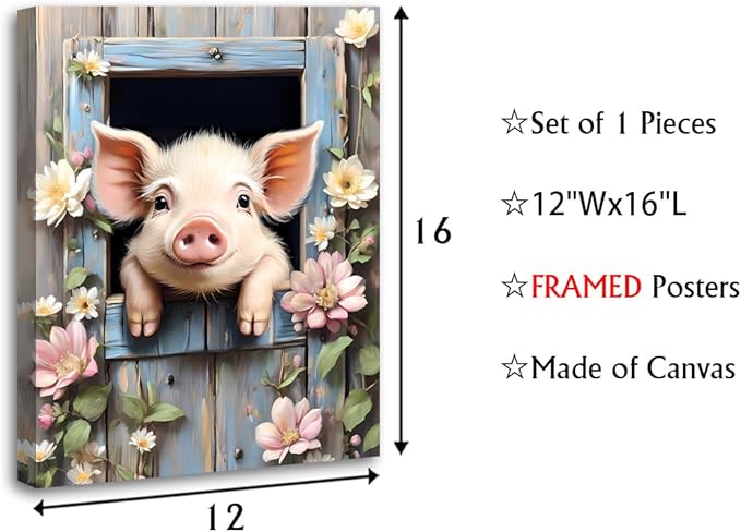 LNLAGBO Farm Animals Canvas Wall Art,Funny Pig Canvas Wall Art Print,Rustic Farmhouse Piggy Looking Over Wooden Fence Picture Prints for Bathroom Bedroom Living Room Decor-12 x16
