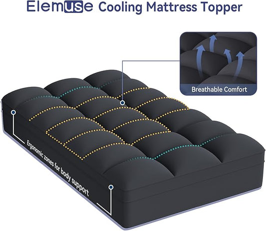 ELEMUSE Twin XL Black Cooling Mattress Topper, Pillow Top, 100% Polyester, Machine Washable, 10 Inches